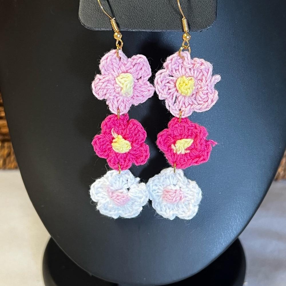 Pink and White Floral Crocheted Pierced Earrings Never Worn